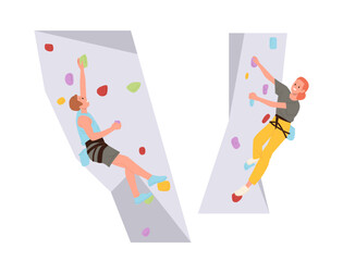 Man and woman athlete cartoon characters enjoying mountaineering bouldering on gym artificial wall