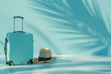 Blue suitcase with sun glasses, hat and camera on pastel blue background. travel concept.