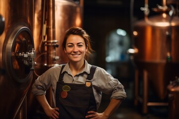 Obraz premium Portrait of a Woman Brewer, Surrounded by Wooden Barrels and Copper Brewing Tools in Her Artisan Brewery