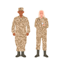 Man and woman professional military medic army doctors cartoon characters isolated set on white