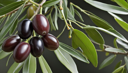 Delicious and ripe olives on an olive branch, trimmed - obrazy, fototapety, plakaty