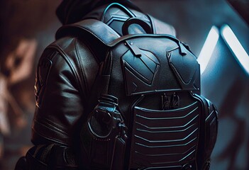 leather backpack cyberpunk. Generative AI - obrazy, fototapety, plakaty