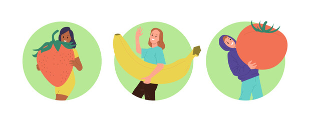 Young people cartoon characters carrying fresh organic fruits and vegetables round composition