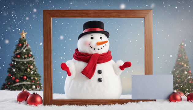 Cute snowman holding a blank wooden frame on blurred shiny Christmas celebrating background on soft snow, Holidays banner design with copy space