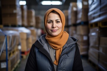 Fototapeta premium The Face of Resilience: A Female Rations Coordinator Overseeing Food Supply Distribution in a Humanitarian Crisis