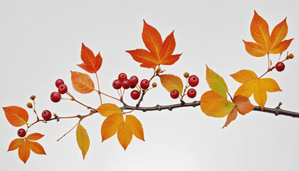 Autumn branch with berries and leaves isolated on transparent background, PNG cutout.