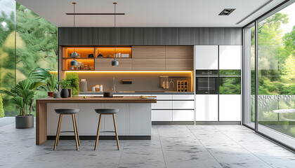 Interior design of fashionable luxurious kitchen. Real-estate, new build property industry concept - 734007446