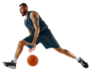 Dynamic shot capturing skilled basketball player in action, focused and determined during intense training session against transparent background. Concept of sport, hobby, active lifestyle.