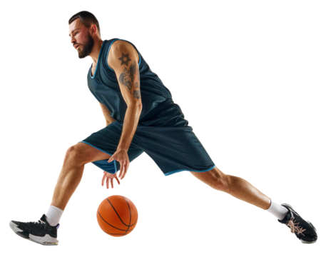 Dynamic shot capturing skilled basketball player in action, focused and determined during intense training session against transparent background. Concept of sport, hobby, active lifestyle.