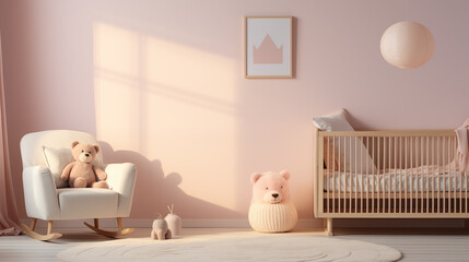 A minimalist baby room with a white crib at its heart, surrounded by hand-knitted blankets in a spectrum of pastel colors. 