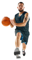 Professional basketball player honing skills with precision dribbling and making powerful slam dunk...
