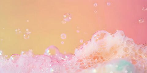 Close up with soap foam and bubbles made of shampoo, lotion, detergent. Macro photo of spume on peach background. Banner with copy space for laundry, cleaning services, beauty, skin care concept