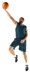 Powerful moment frozen in time, professional basketball player jump to make perfect slam dunk against transparent background. Concept of sport, hobby, active lifestyle, power, strength. Copy space © Lustre Art Group 
