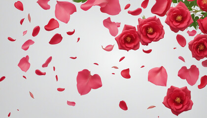 Falling Rose Petals, Water Droplets, and Leaves on White Background