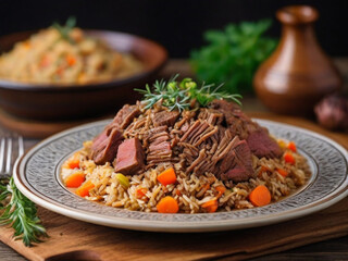 Fototapeta premium beef stew with vegetables and rice