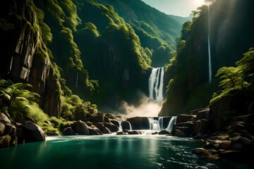 Majestic waterfalls flowing gracefully down sun-drenched cliffs amidst a backdrop of lush, verdant...