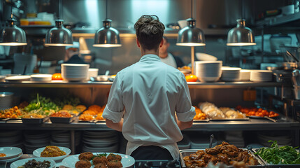 A chef wearing a hat and standing in a kitchen. He is surrounded by various bowls of food, plates, and utensils such as spoons and knives.  - obrazy, fototapety, plakaty