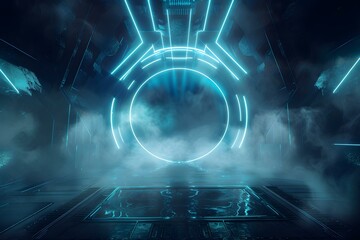 Fototapeta premium Smoke Fog Mist Neon Glowing Laser Podium Sci Fi Futuristic Circle Lines Blue Color Shine Beams Schematic Chip Textured Floor Concrete Tunnel Corridor Underground Spaceship 3d Rendering.