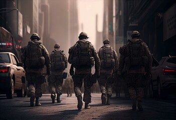 group of soldiers walking down a street, realistic and conceptual illustration, usable for marketing and advertising. Generative AI - obrazy, fototapety, plakaty