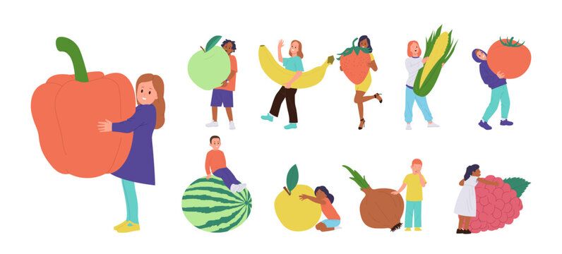Adult people and children cartoon character carrying or hugging fresh healthy fruits and vegetables