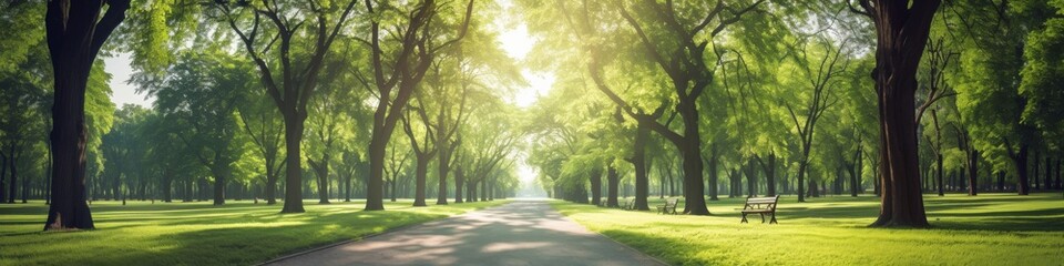 Obraz premium Sunlight filtering through tree-lined avenues, welcoming the day