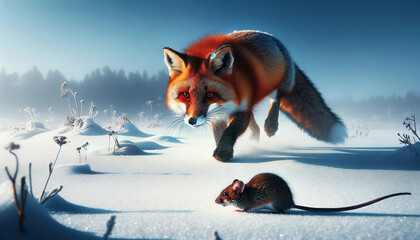 A majestic red fox in a snow-covered landscape intently approaches a small mouse, unaware of the imminent danger, in a serene winter setting.Animals behaviour concept.AI generated.