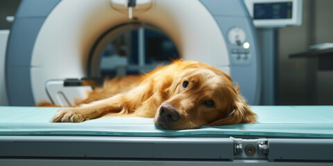 Vets examining x-ray on dog in veterinary surgery, Veterinary and Labrador animal care. Doctor preparing dog to have lumbar spine MRI