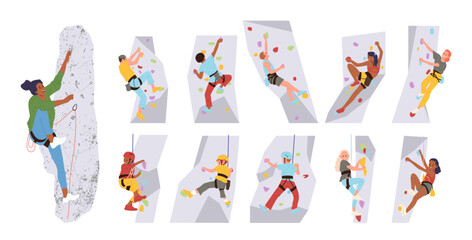 Man and woman cartoon characters climbing on training artificial stone mountain wall at indoors gym