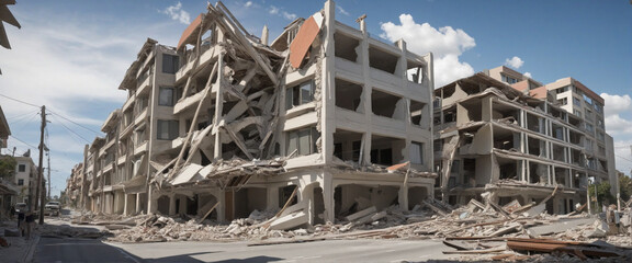 Fototapeta premium Damaged structures post-earthquake on clear backdrop - Automated creation