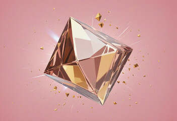 Floating crystal-like particles in fluid form against a soft pink pastel backdrop