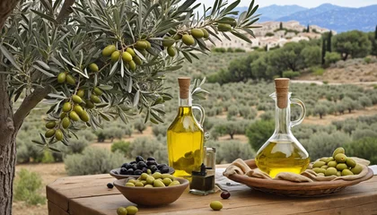 Fototapeten Olive oil and delicious olives on background of picturesque olive grove and mountain village © SR07XC3