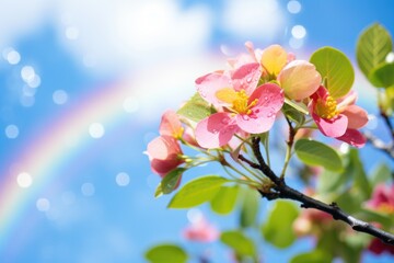 rainbow flowers on sky background after rain. ai generated