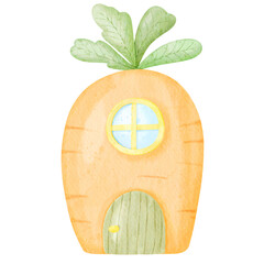 Cute watercolor illustration of a happy Easter carrot cartoon house with a window and leaves in soft colors isolated on transparent background
