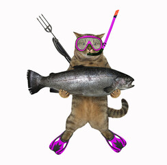 Cat underwater hunter holding big fish 2 - 734011063