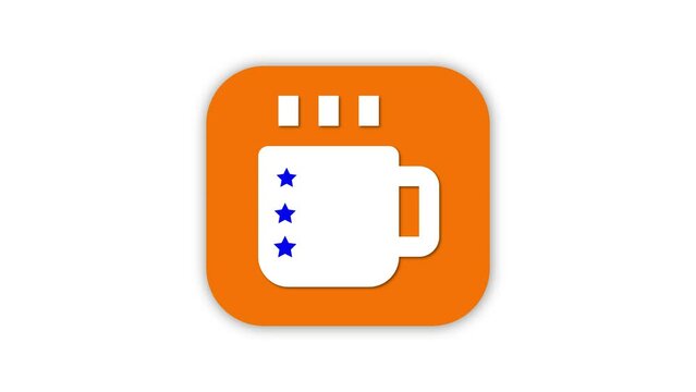 White mug with blue stars animated on orange background.