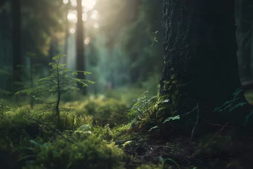 Zelfklevend Fotobehang Mistige ochtendstond Misty forest in the morning fog before rain. Magical dense thicket of forest against sunlight breaking through dense foliage on background. Mysterious landscape and fantasy nature concept.