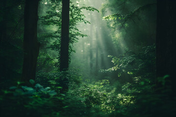 Misty forest in the morning fog before rain. Magical dense thicket of forest against sunlight breaking through dense foliage on background. Mysterious landscape and fantasy nature concept.