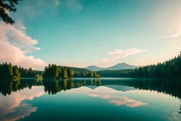A serene, pastel-colored sky reflected in the calm waters of a tranquil lake surrounded by lush, green forests.