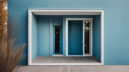 Photo created by Artificial Intelligence of a blue house entrance. 