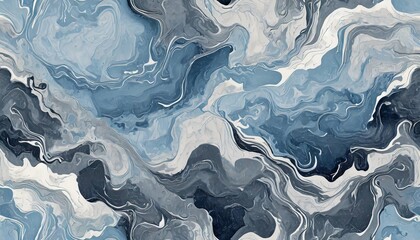 Abstract fluid art with swirl of acrylic pouring paints. Modern blue and gray painting. - obrazy, fototapety, plakaty