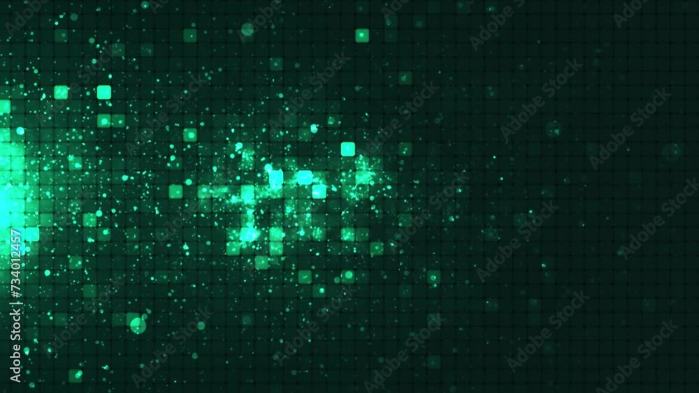 Poster an animated background of rows of squares changing color and moving chaotically. pixel graphics, mov