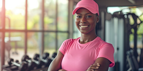 Fitness African American adult female coach muscled woman personal trainer in t-shirt and cap in sport club interior. Getting fit healthy resolutions. Gym discount summer sale off free deal concept - obrazy, fototapety, plakaty