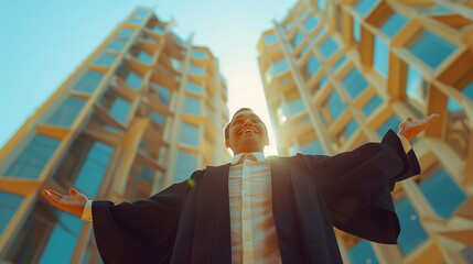 Joyful Graduate Celebrating with Confetti Toss. Happy graduate in graduation gown and cap celebrating with a confetti toss outdoors.