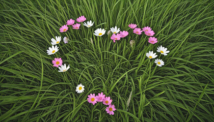Heart-shaped spring summer flowers on green grass