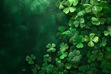 St patricks day banner. Frame with lucky clover leaves on green background with copy space. St. Patrick's day concept. Shamrocks Irish holiday symbol. Templates for celebration, ads, greeting card.