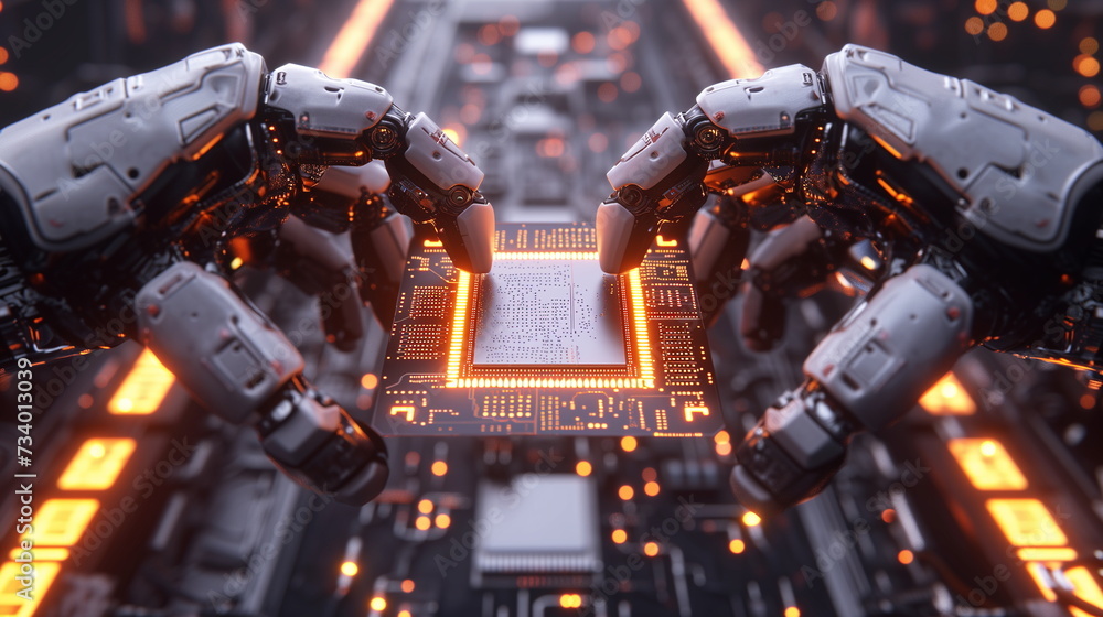 Poster robotic arms assembling a microchip on a futuristic motherboard