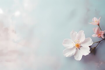Naklejka na ściany i meble View from above, capturing the elegance of a tiny blossom against a soft, bright pastel background, leaving space for text.