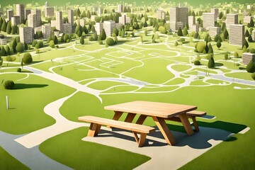 Wooden picnic table on a green meadow of a public park with trees against an imaginary city map with recreation areas, green spaces for leisure activities and municipal services