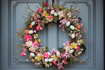 Fototapeta na wymiar Easter wreath with eggs and flowers on the door of the house