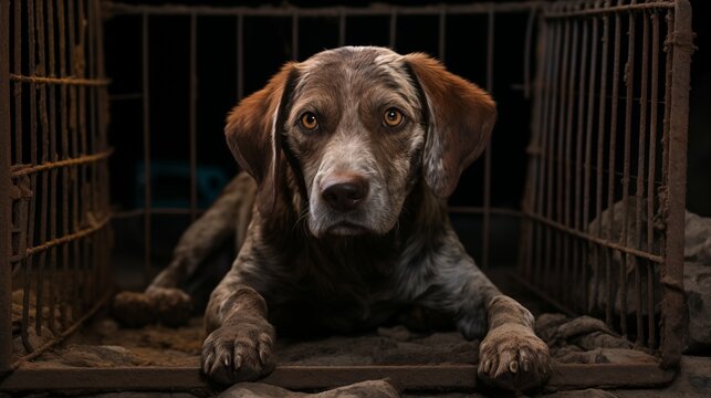 Photograph of poor abandoned dog in an old cage. Behind rusty bars.